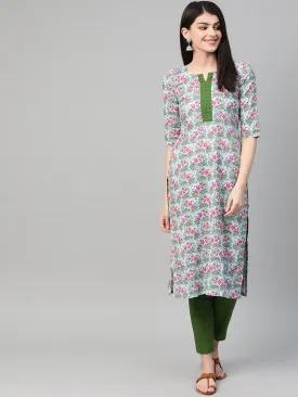 Women Blue & Pink Straight Floral Printed Kurta And Trousers Set