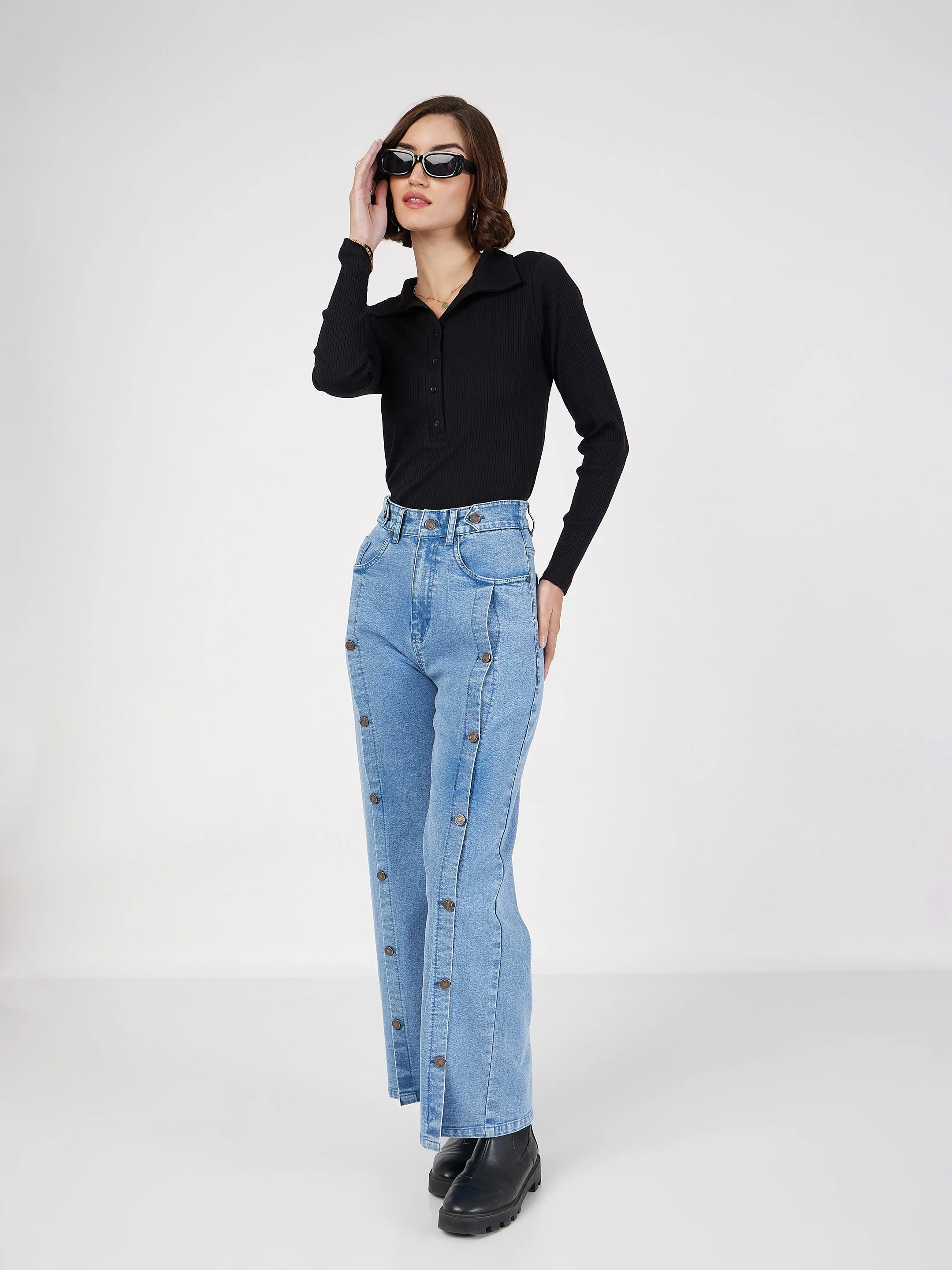 Women Blue Front Button Straight Jeans