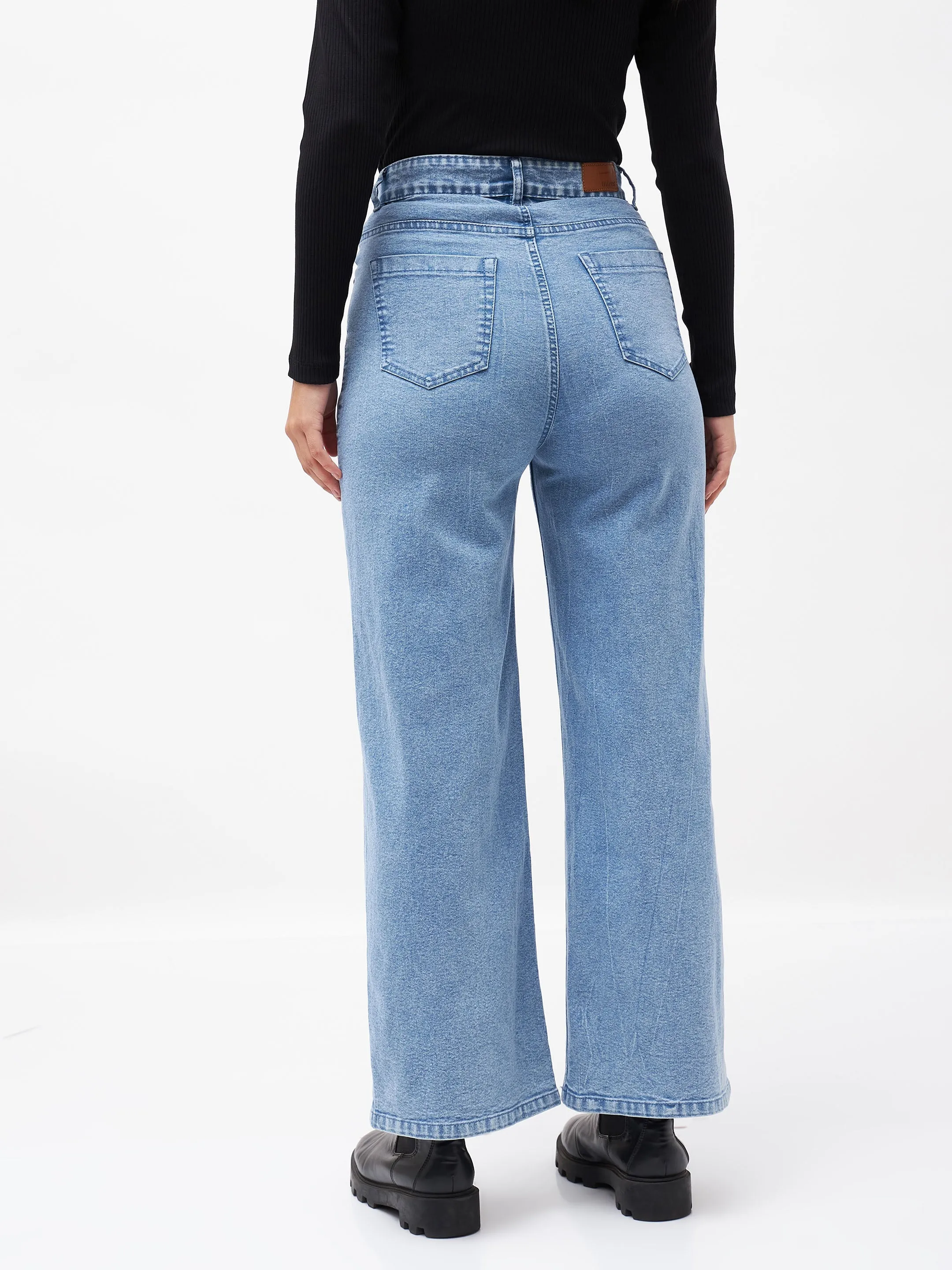 Women Blue Front Button Straight Jeans