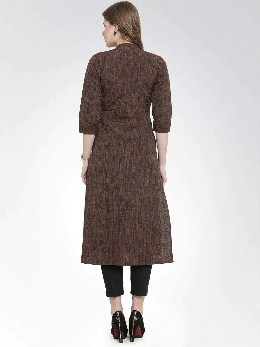 Women Brown Self Design Straight Kurta With Trousers