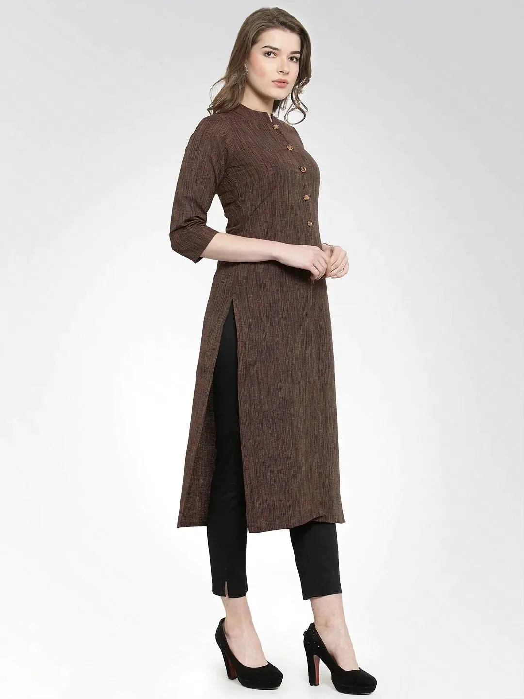 Women Brown Self Design Straight Kurta With Trousers