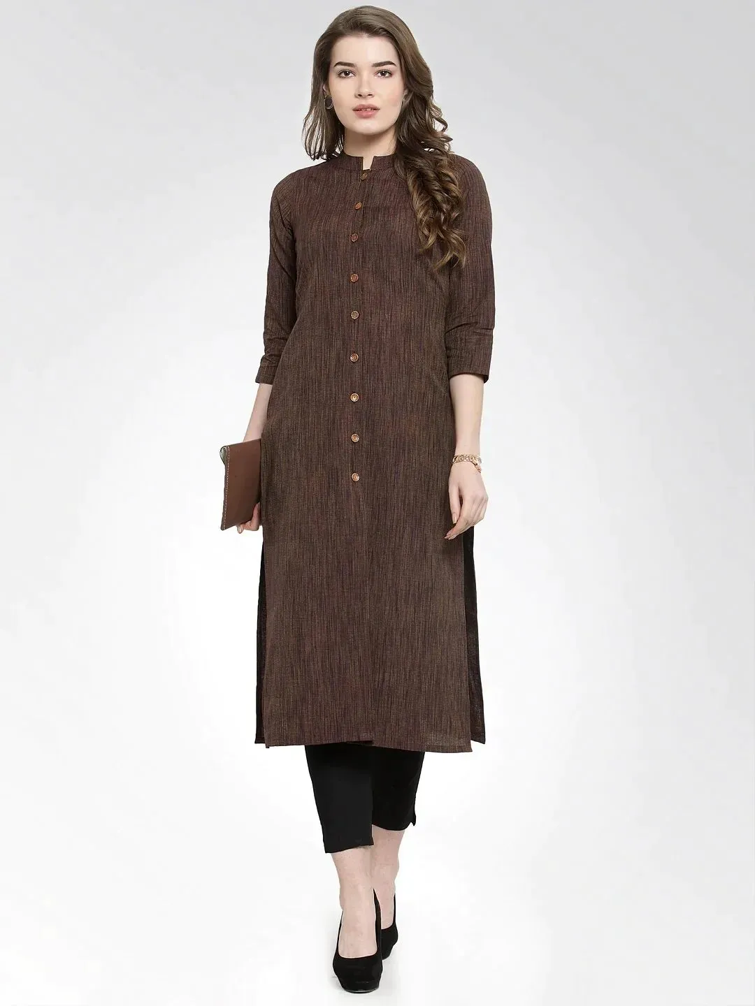 Women Brown Self Design Straight Kurta With Trousers