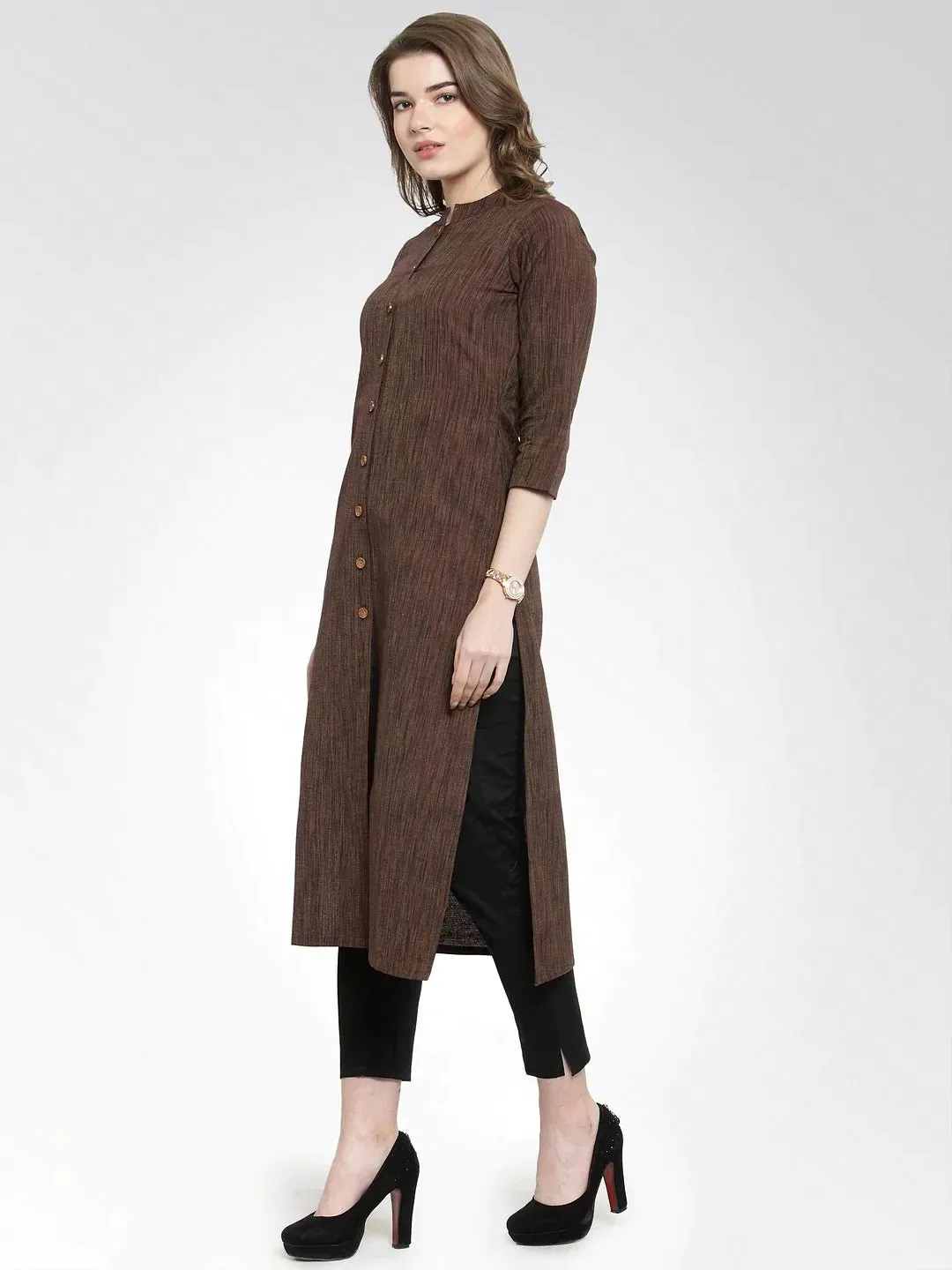 Women Brown Self Design Straight Kurta With Trousers