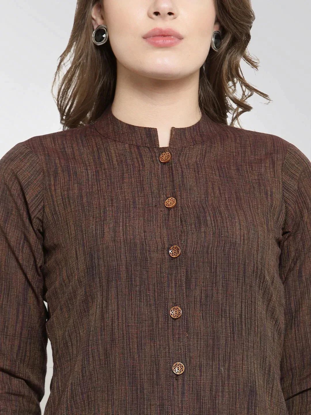 Women Brown Self Design Straight Kurta With Trousers