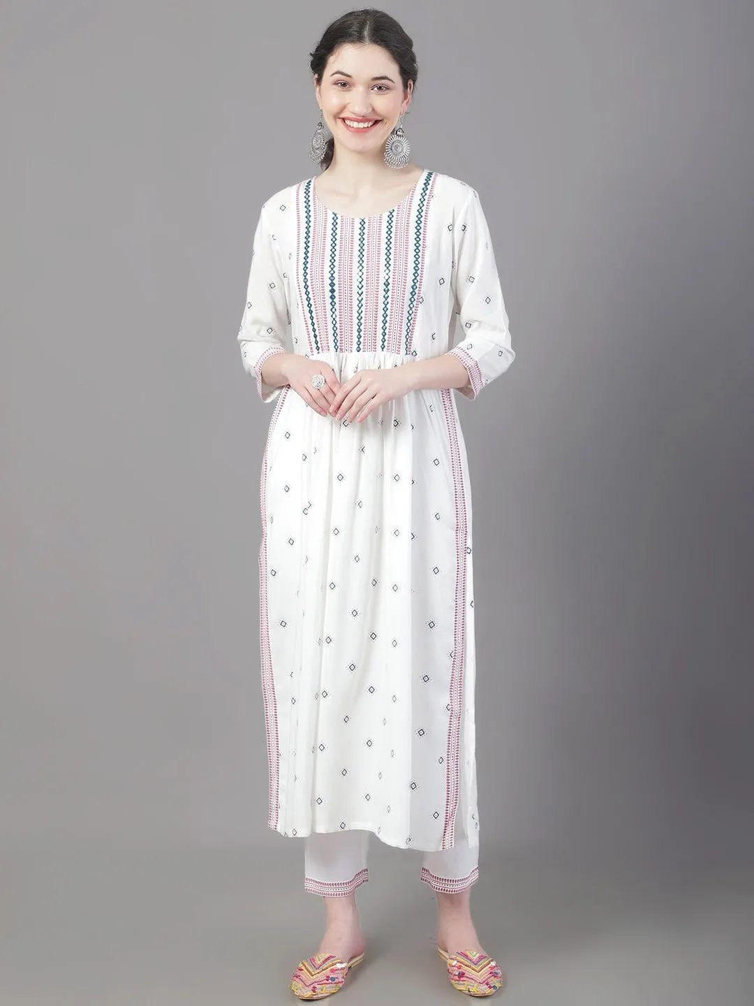 Women Ethnic Motifs Printed Empire Thread Work Kurta With Trousers & Dupatta