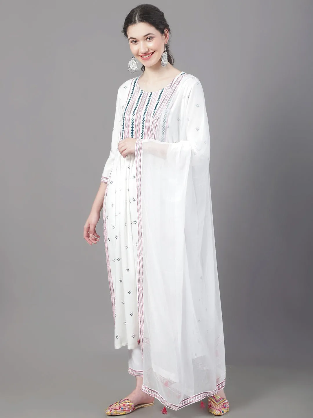 Women Ethnic Motifs Printed Empire Thread Work Kurta With Trousers & Dupatta