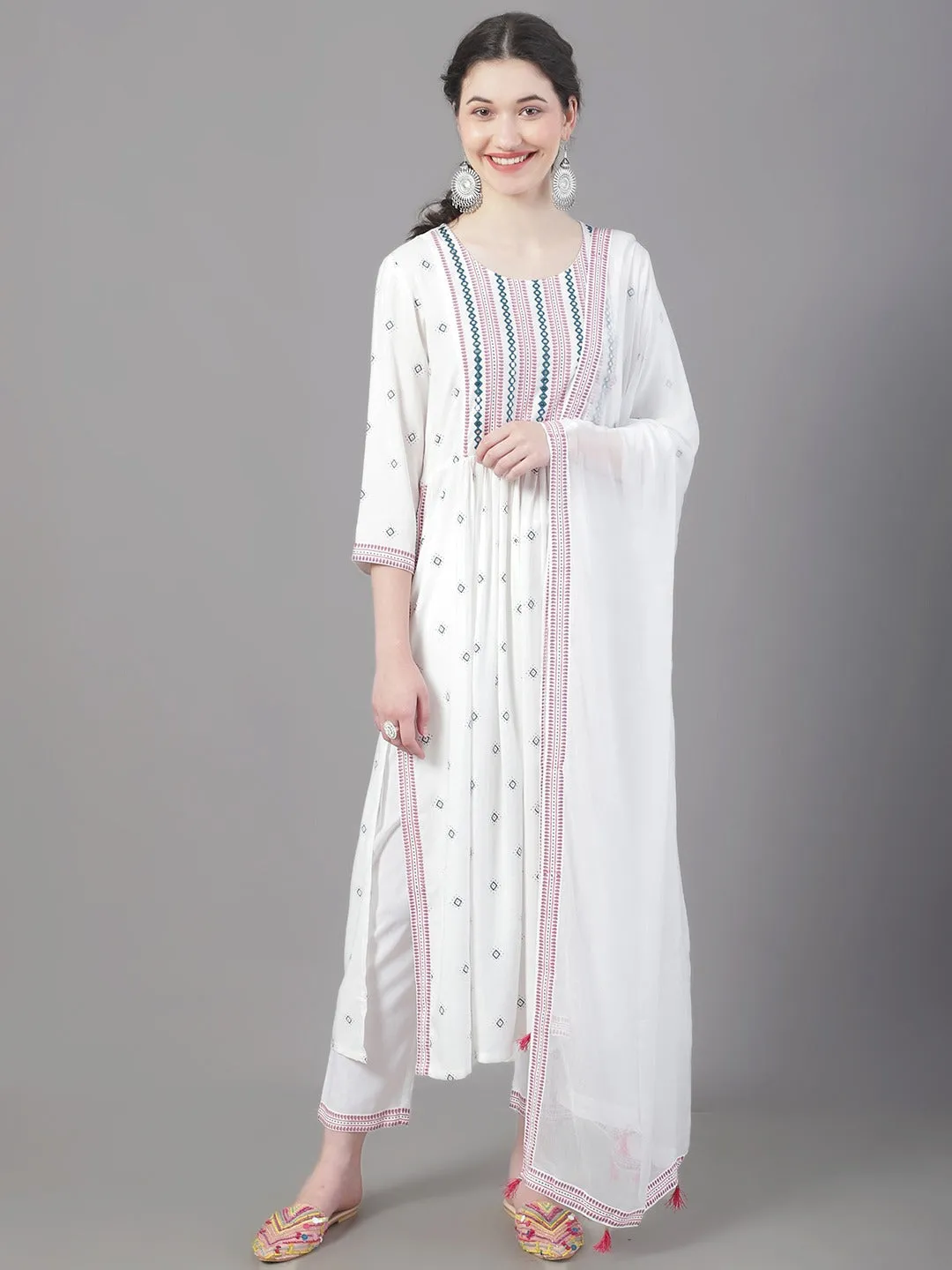 Women Ethnic Motifs Printed Empire Thread Work Kurta With Trousers & Dupatta