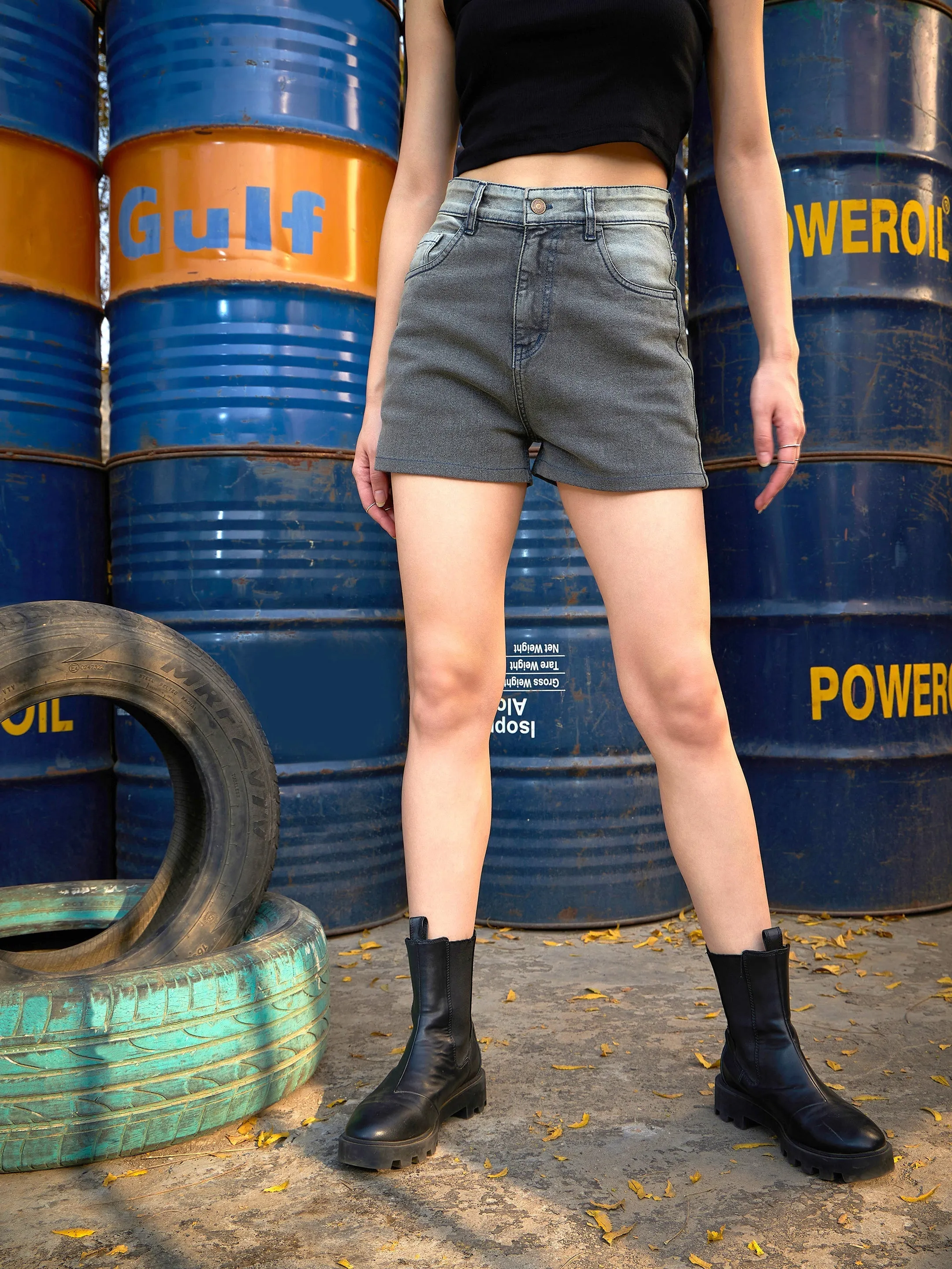 Women Grey Acid Wash Denim Shorts