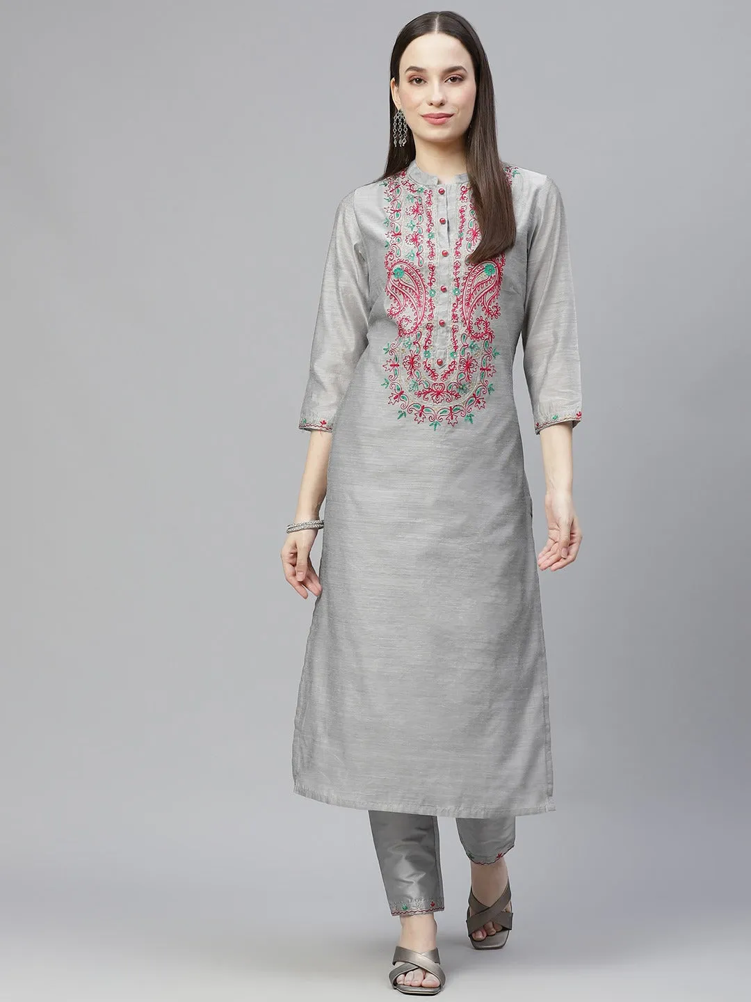 Women Grey & Pink Ethnic Yoke Design Regular Aari Work Kurta With Trousers