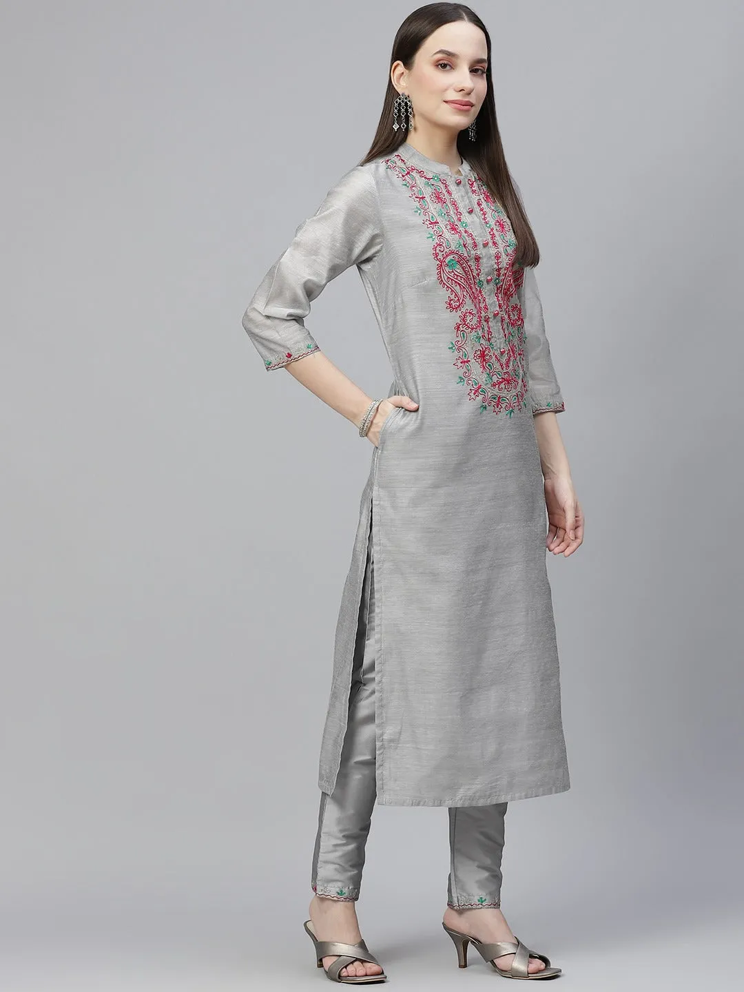 Women Grey & Pink Ethnic Yoke Design Regular Aari Work Kurta With Trousers