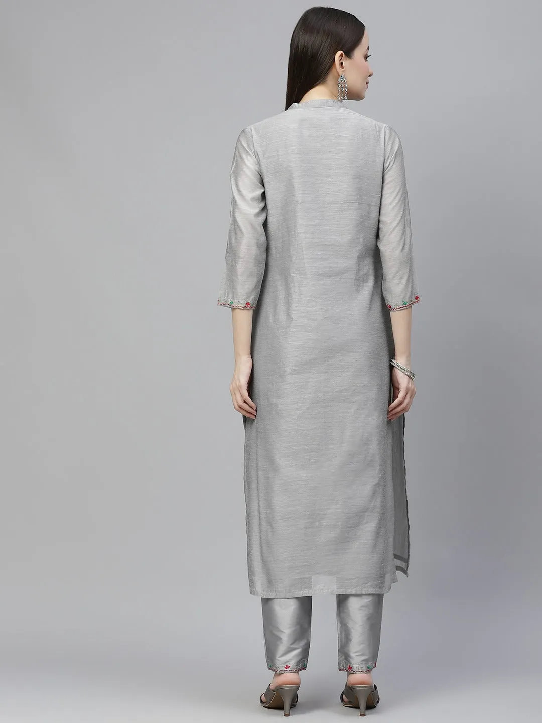 Women Grey & Pink Ethnic Yoke Design Regular Aari Work Kurta With Trousers