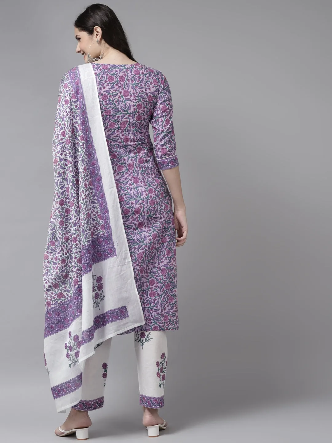 Women Lavender & White Printed Dupatta Set