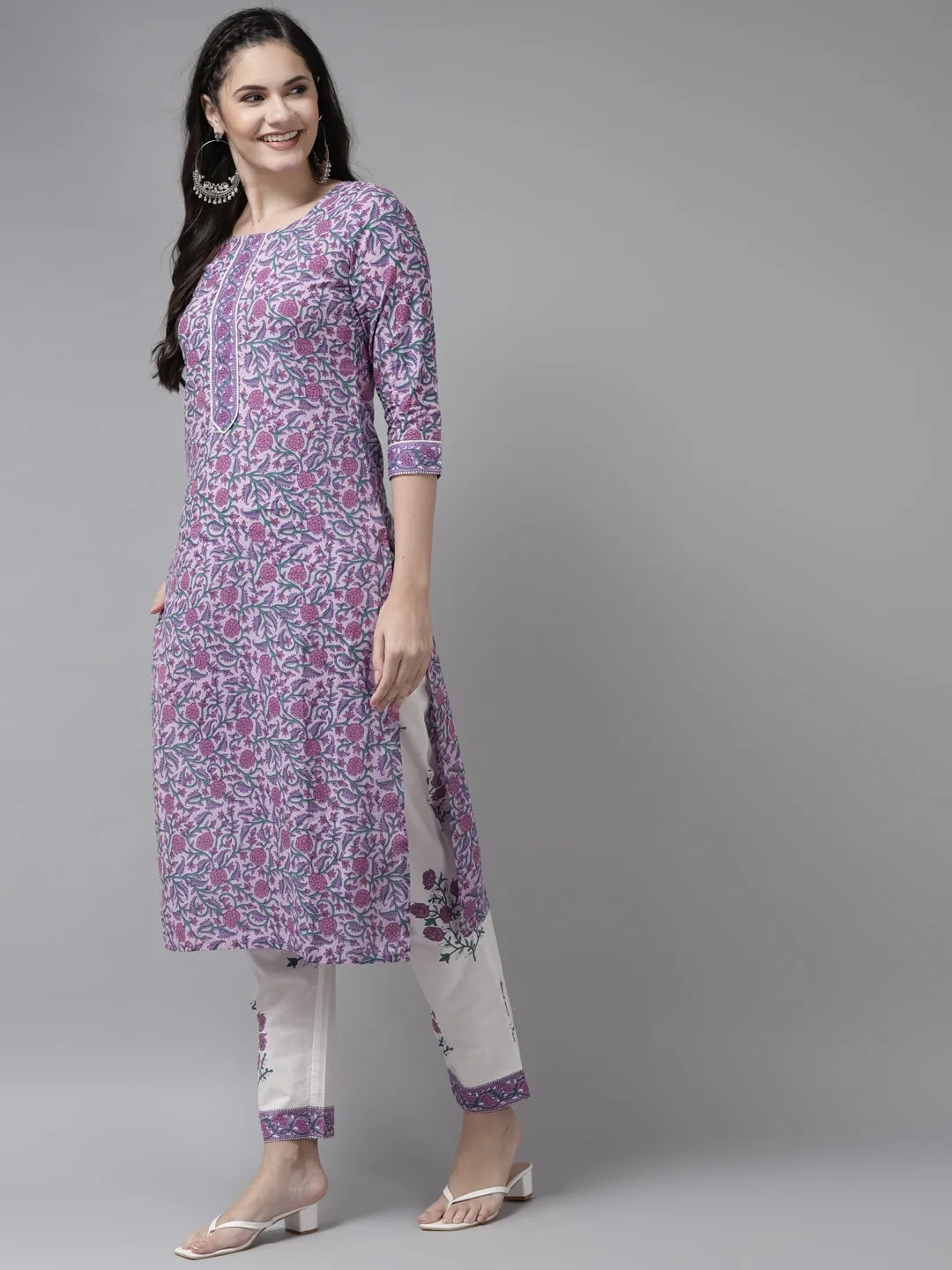 Women Lavender & White Printed Dupatta Set