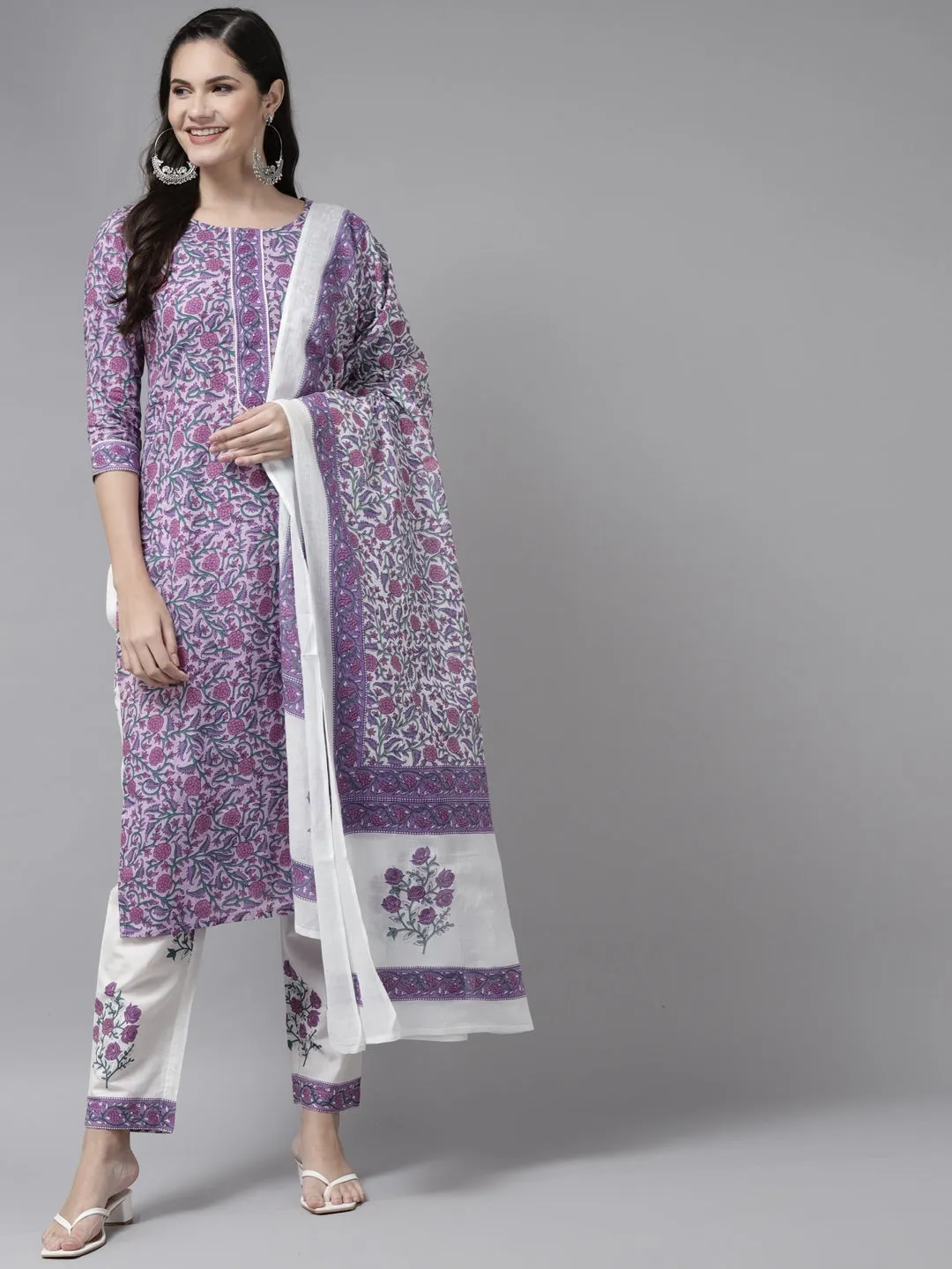 Women Lavender & White Printed Dupatta Set