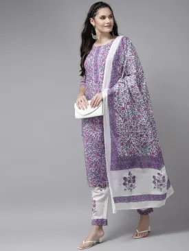 Women Lavender & White Printed Dupatta Set