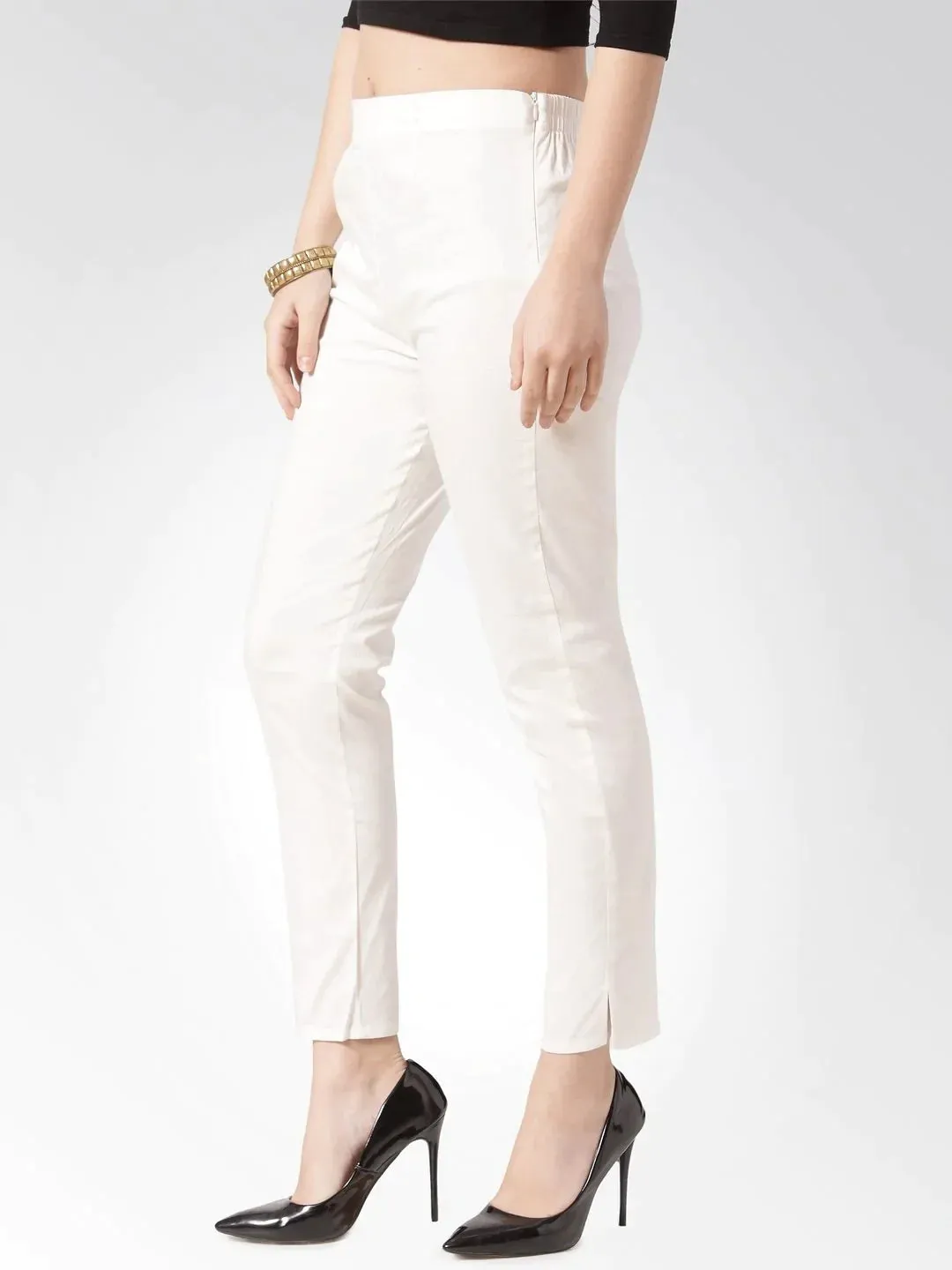 Women Off-White Smart Slim Fit Solid Regular Trousers