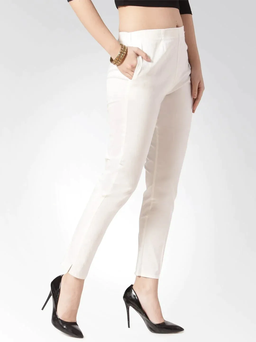 Women Off-White Smart Slim Fit Solid Regular Trousers