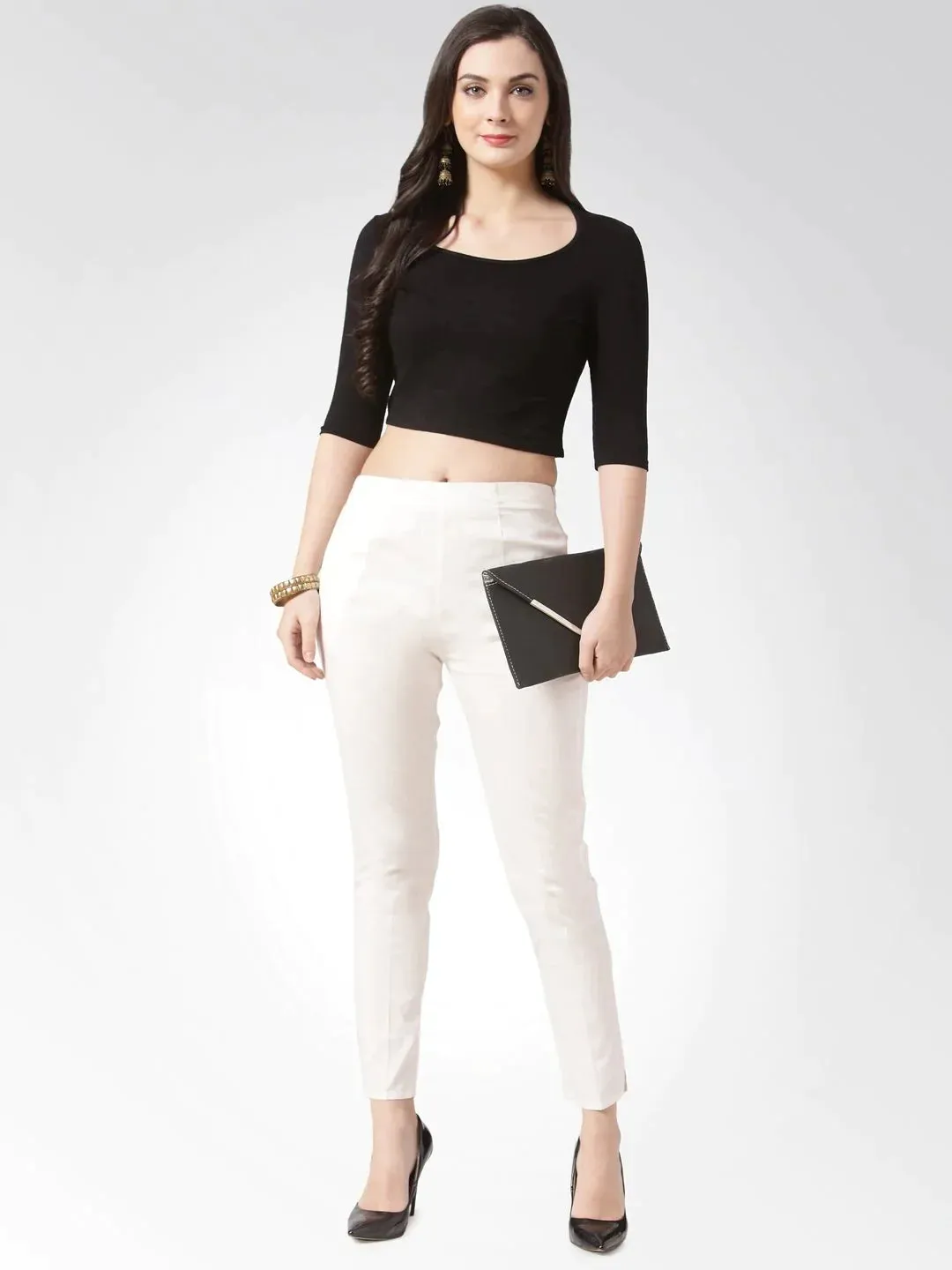 Women Off-White Smart Slim Fit Solid Regular Trousers