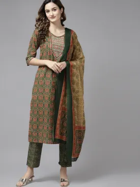 Women Olive Green Ethnic Motifs Print Cotton Kurta With Trousers & Dupatta