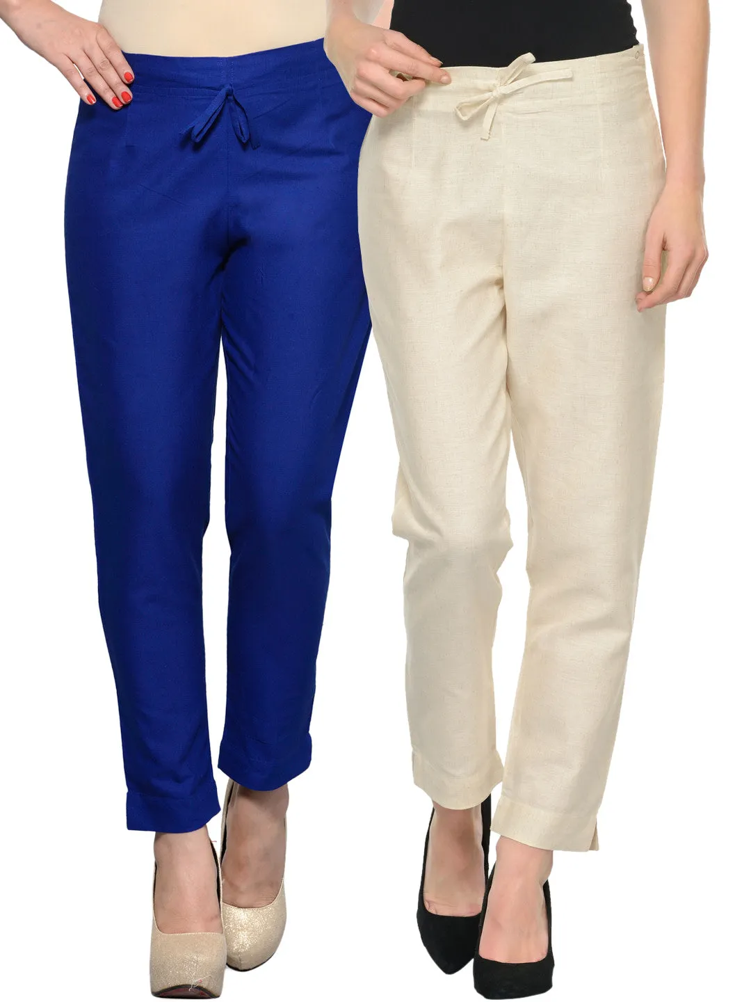 Women Pack Of Two Mid-Rise Trousers In Off-White And Blue