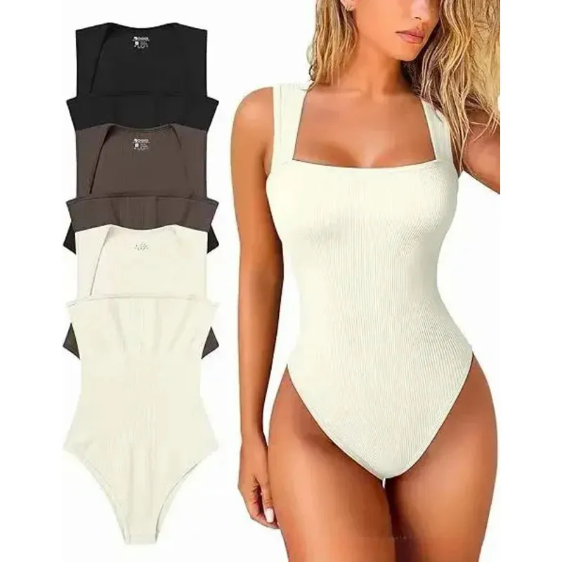 Women'S 3 Piece Bodysuits Sexy Ribbed Strappy Square Neck Sleeveless Body Control Abdomen Tops for Women High Quality Bodysuits