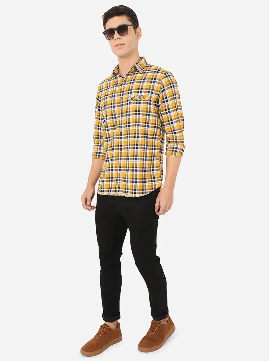 Yellow & Navy Blue Checked Slim Fit Semi Casual Shirt | JadeBlue