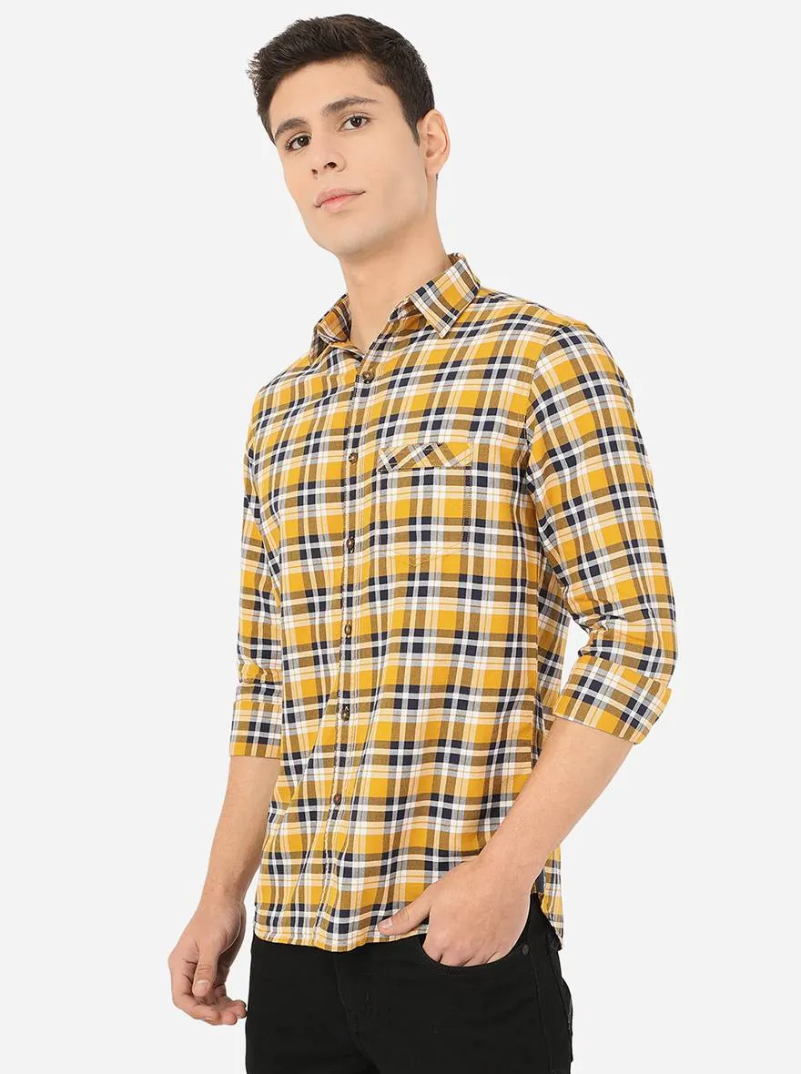 Yellow & Navy Blue Checked Slim Fit Semi Casual Shirt | JadeBlue