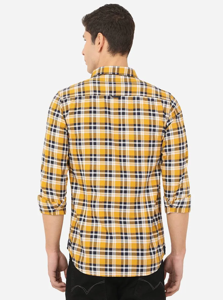 Yellow & Navy Blue Checked Slim Fit Semi Casual Shirt | JadeBlue