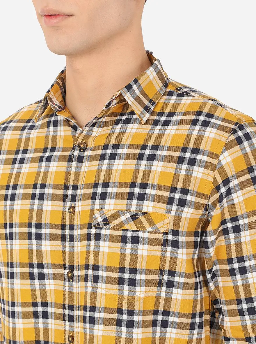 Yellow & Navy Blue Checked Slim Fit Semi Casual Shirt | JadeBlue