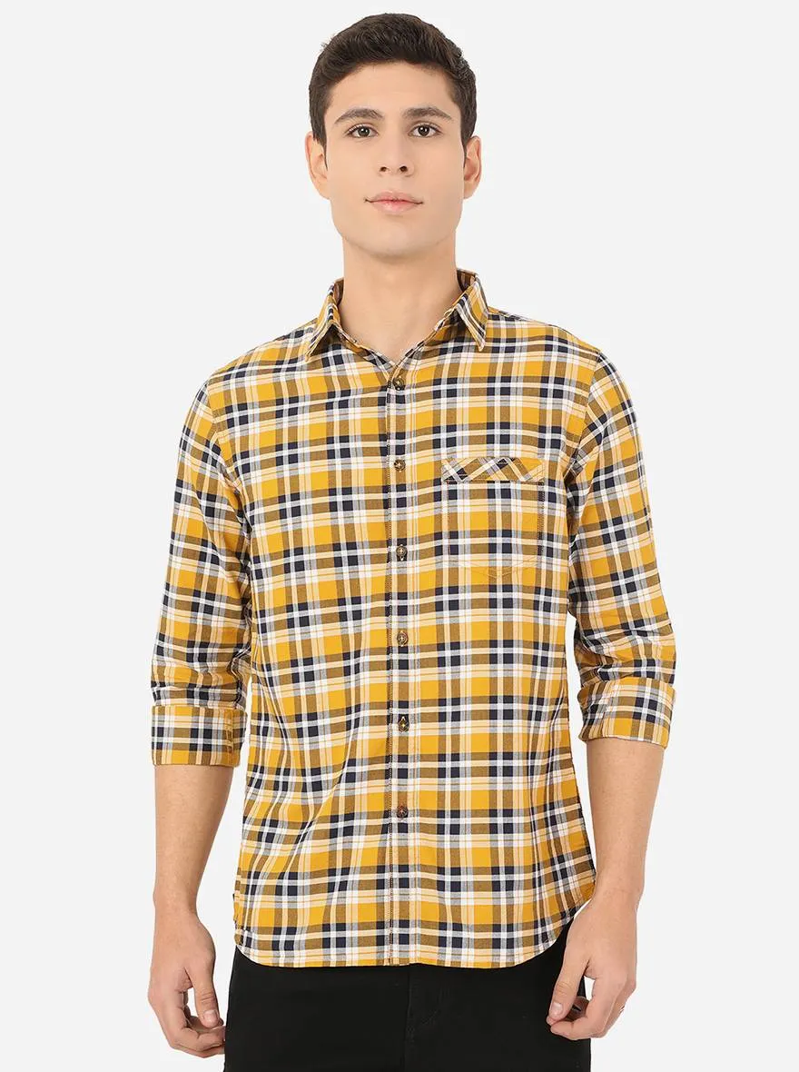 Yellow & Navy Blue Checked Slim Fit Semi Casual Shirt | JadeBlue