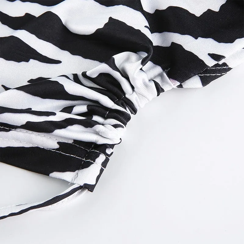 Zebra Pattern Sexy Backless Rave Outfit Turtleneck Long Sleeve